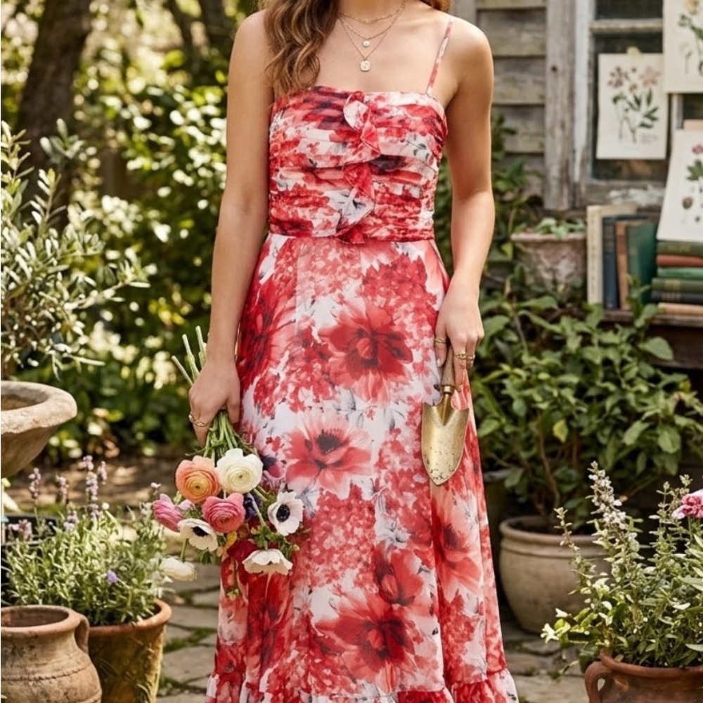 White House Black Market Red Floral Maxi Dress with Spaghetti Straps